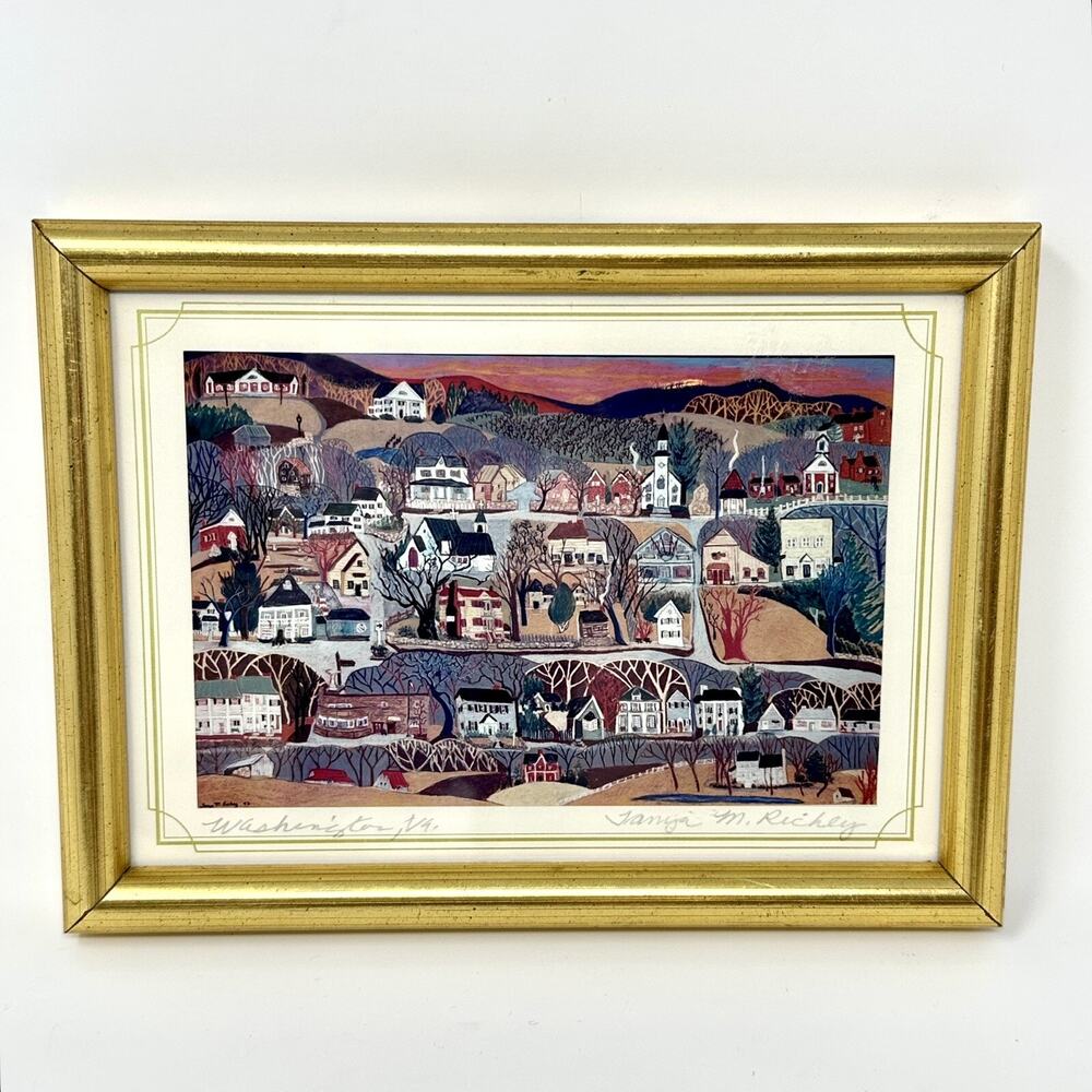 Vintage Small Art Print By Tanya M. Richey Framed Primitive Town Signed Folk Art